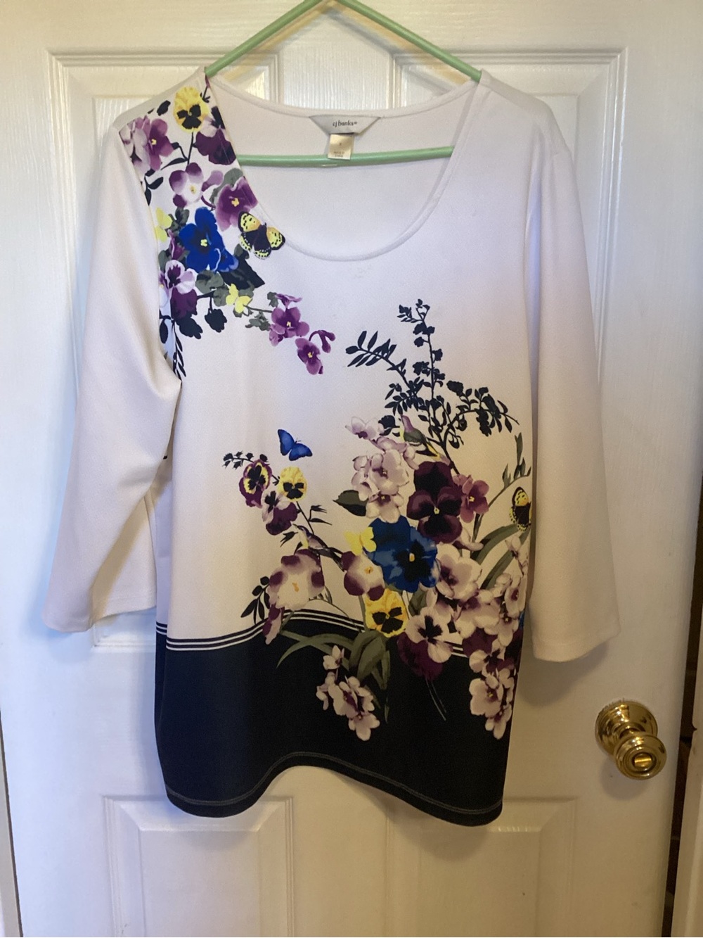 CJ Banks White Floral Scoop Neck Long Sleeve Top with Purple & Blue Accents
